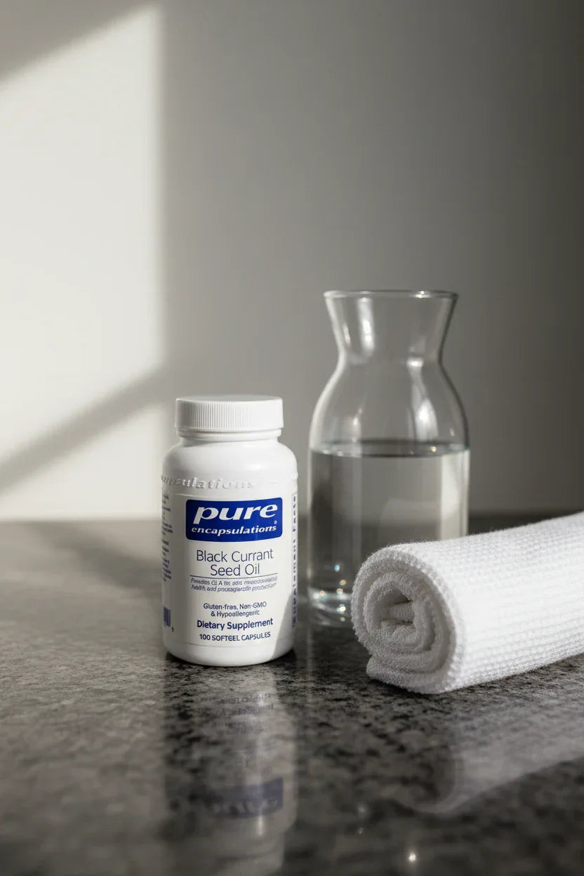 Pure Encapsulations Black Currant Seed Oil bottle on dark granite bathroom vanity with glass water carafe and rolled white towel