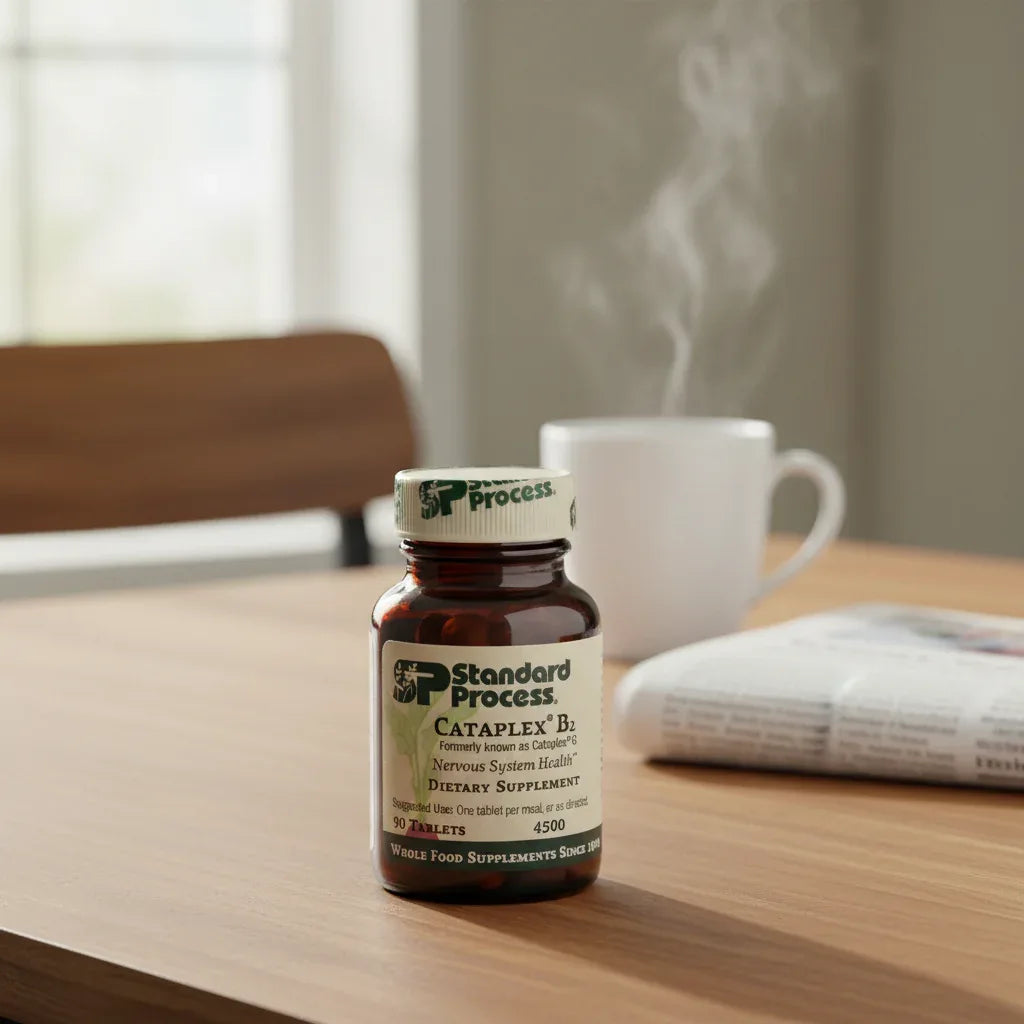 Standard Process Cataplex B2 on wooden breakfast table with morning newspaper and coffee mug