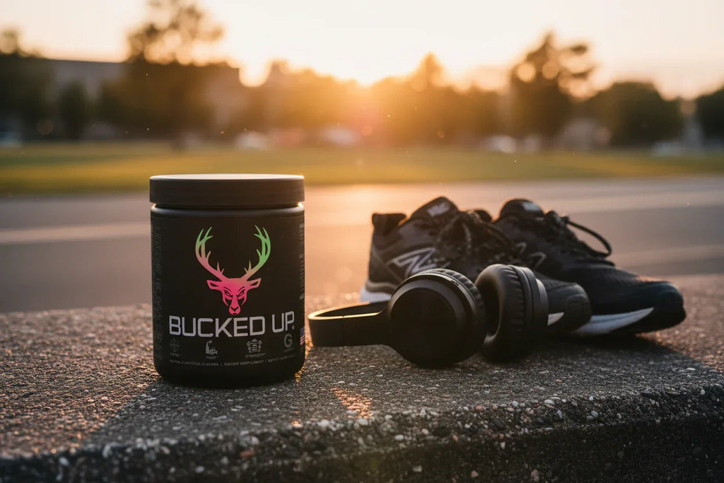 Bucked Up Pre-Workout Strawberry Kiwi outdoors at golden hour with running shoes — outdoor athlete energy supplement