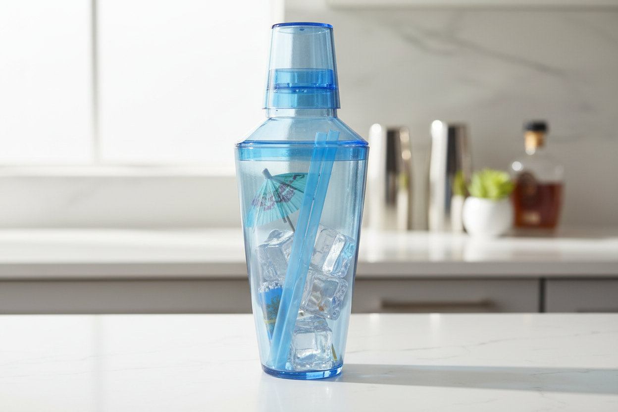 Vibrant translucent powder blue cocktail shaker on clean white kitchen counter with soft natural light