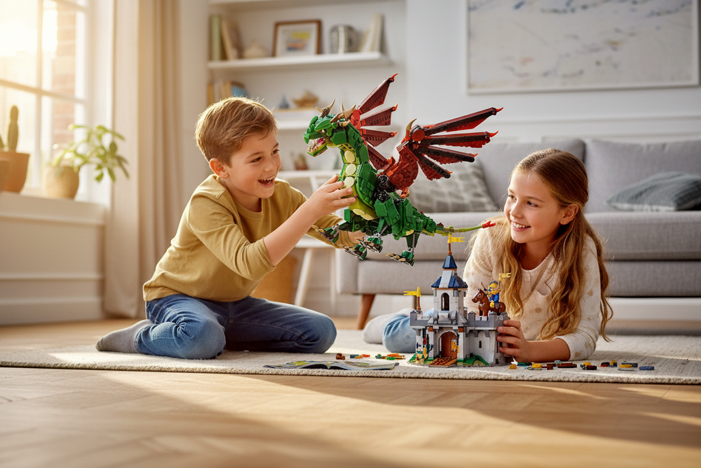 Two kids playing imaginatively with the LEGO Creator Medieval Dragon on a living room floor