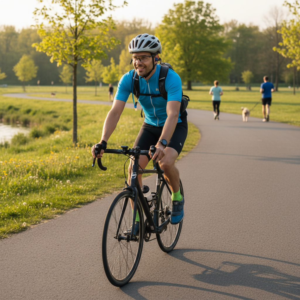 Person cycling outdoors wearing black wireless sport earbuds