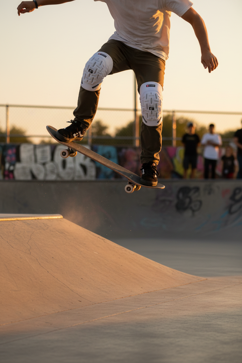 G-Form Pro Knee Sleeves worn by skateboarder mid-trick at outdoor skate park golden hour