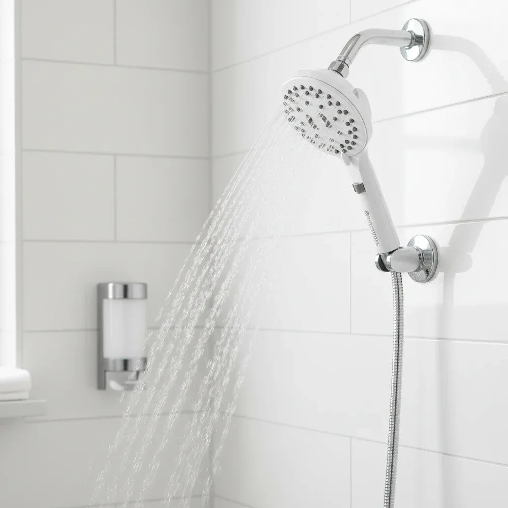 Waterpik ShowerCare shower head installed on chrome pipe in modern white-tiled bathroom with water spraying in PowerPulse massage mode