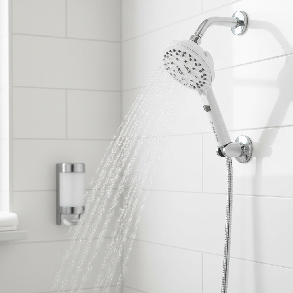 Waterpik ShowerCare shower head installed on chrome pipe in modern white-tiled bathroom with water spraying in PowerPulse massage mode