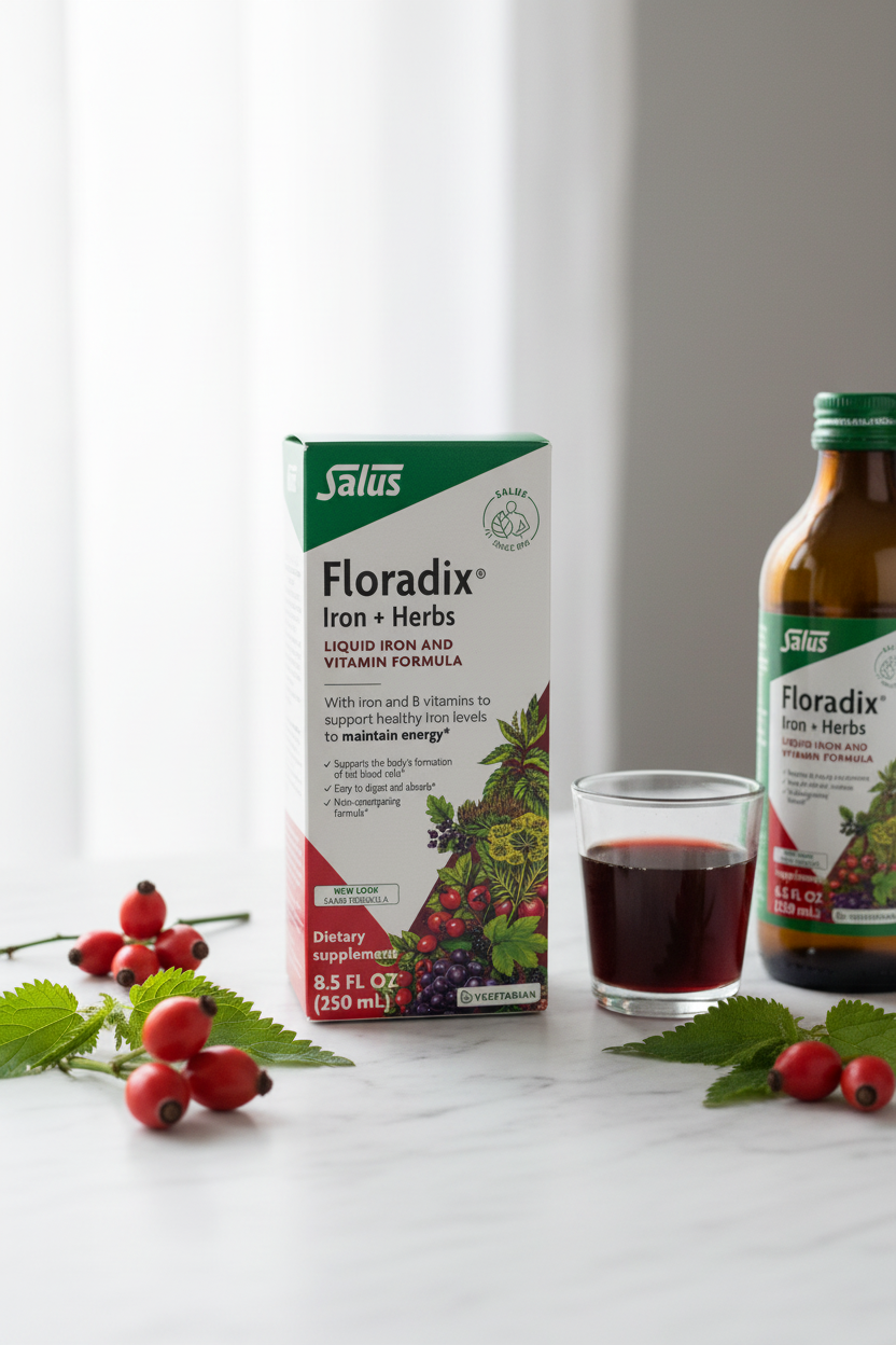 Salus Floradix Iron and Herbs Liquid Formula 250ml retail box on a marble surface with rose hips, stinging nettle, and a small glass of dark red liquid supplement – More4less Outlet