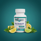 NutriCology Zinc Citrate 25 teal editorial with citrus slices and botanical leaves – More4less Outlet