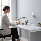 Professional at bright desk with white laptop and smartphone plugged into compact white dual USB-C wall charger