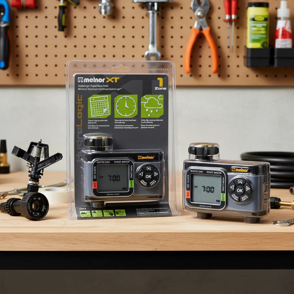 Melnor XT HydroLogic Digital Water Timer on contemporary workbench inside well-lit workshop alongside lawn sprinklers for seasonal prep