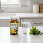 Daily multivitamin amber glass bottle next to water glass and fresh herbs on bright white countertop – More4less Outlet