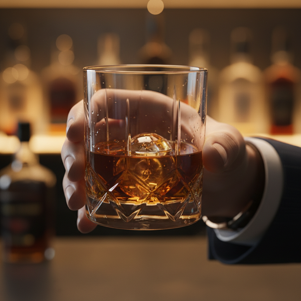 Close-up of a hand holding a crystal whisky glass with a large ice sphere and amber liquid