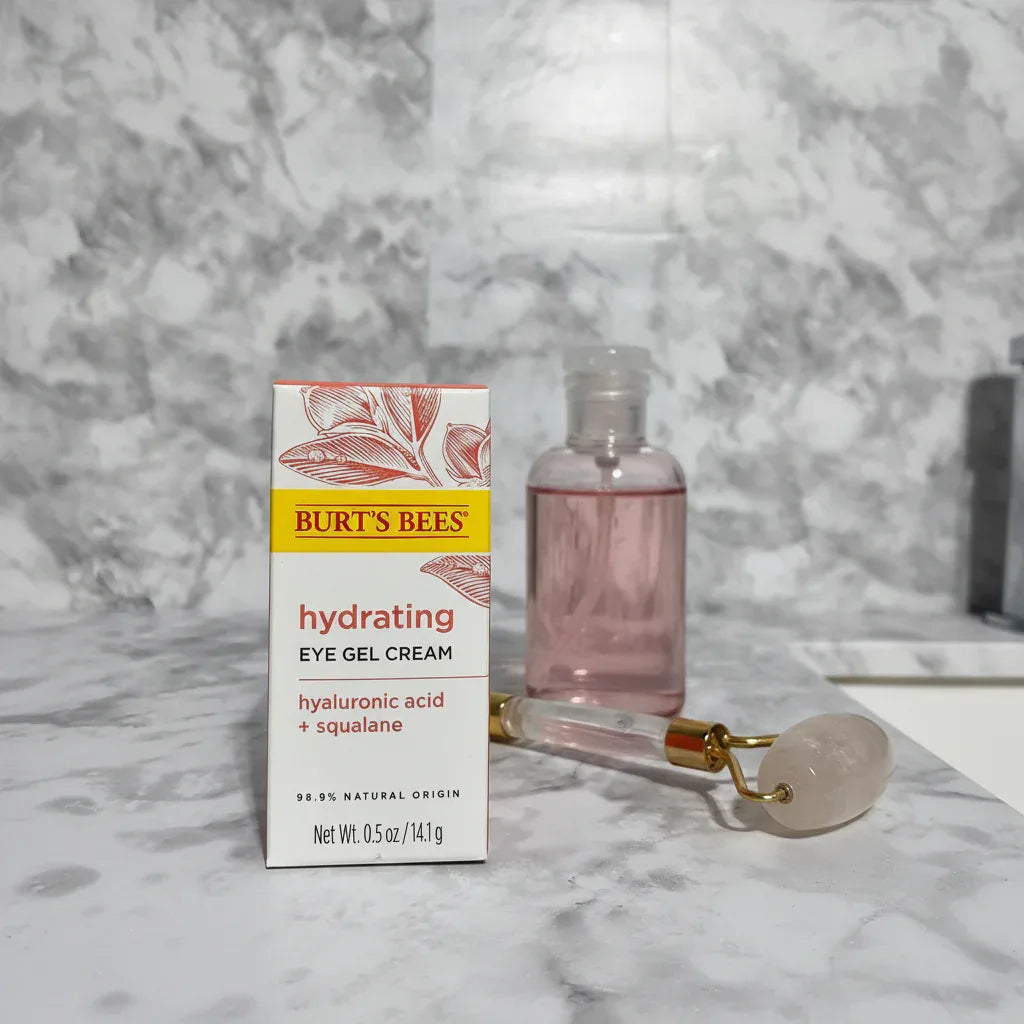 Burt's Bees Hydrating Eye Gel Cream box on white marble bathroom vanity next to open rose water bottle and quartz facial roller