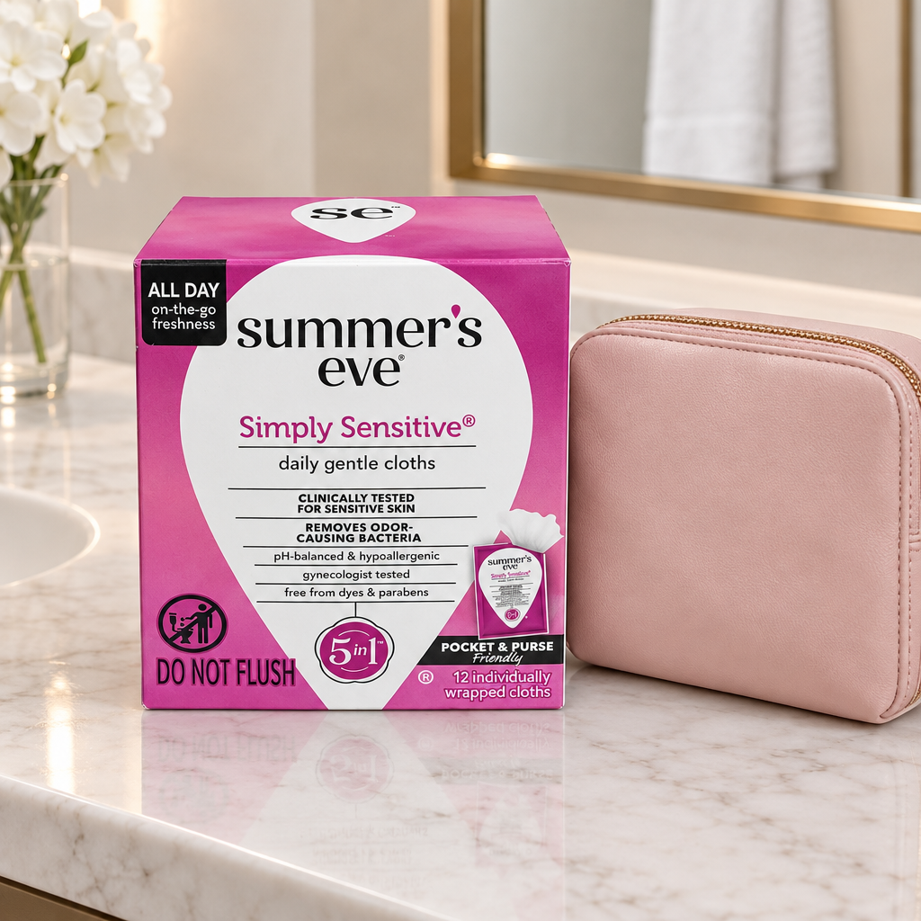 Summer's Eve Simply Sensitive daily gentle cloths box beside a blush travel pouch