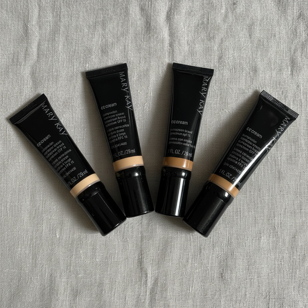 Mary Kay CC Cream five shades fanned out on linen showing full shade range – lifestyle photo, More4less Outlet