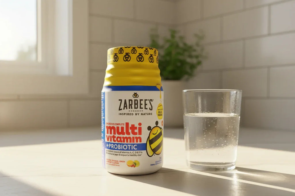 Zarbee's Children's Multivitamin jar on bright kitchen counter with morning sunlight and glass of water