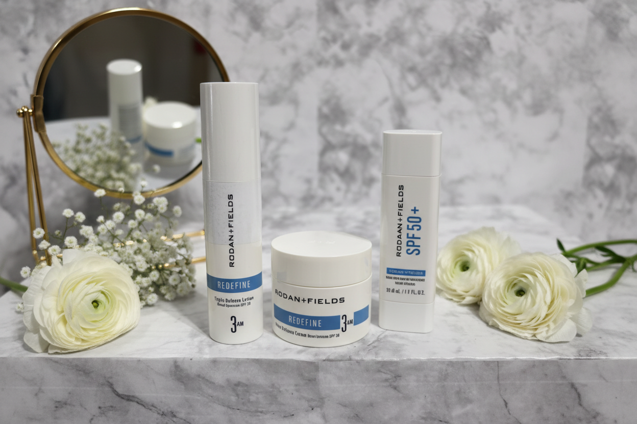 Rodan + Fields REDEFINE Triple Defense 3AM set lotion and cream flat lay with white flowers mirror and sunscreen on marble – More4less Outlet
