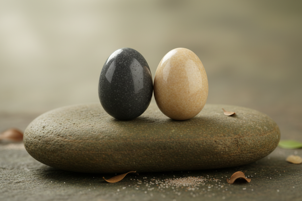 Two smooth oval sensory fidget stones resting elegantly on a natural flat river stone surface with soft diffused light