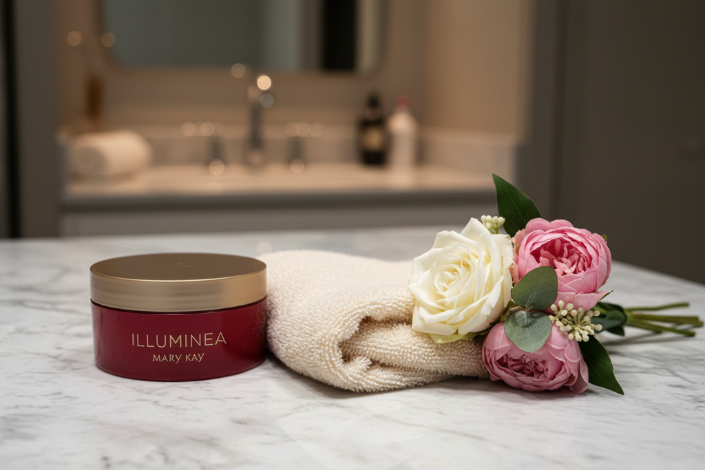 Luxury red body cream jar with gold lid on marble surface next to fresh flowers