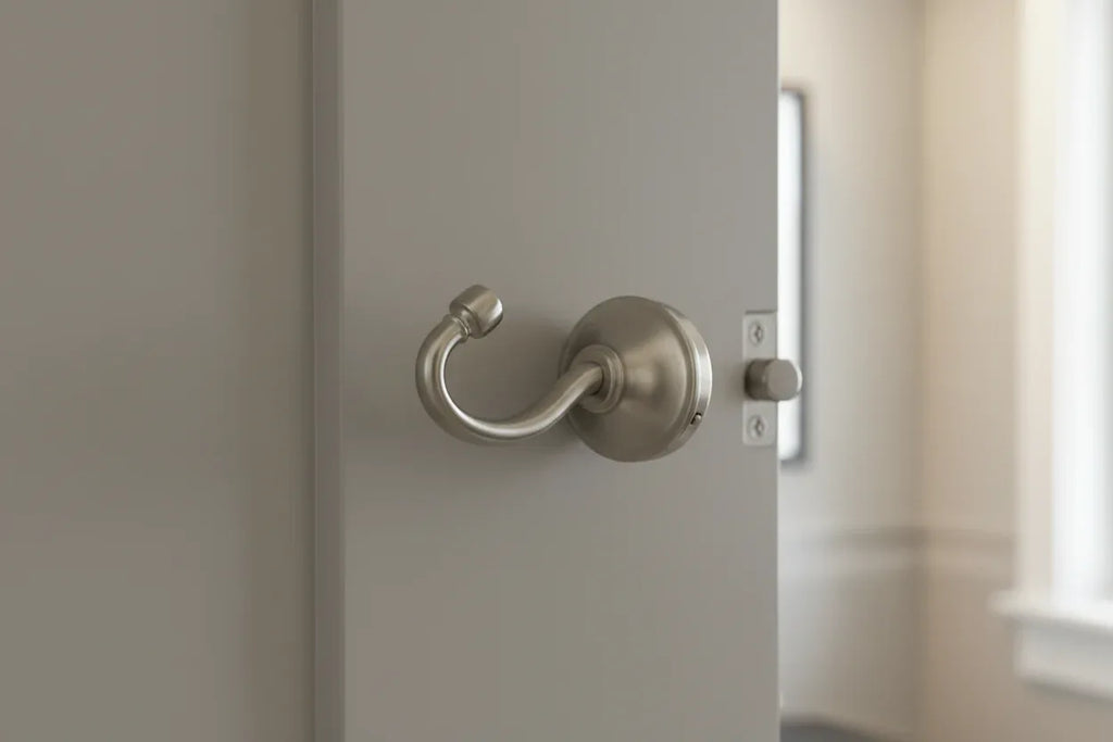Minimalist brushed nickel robe hook hardware closeup on a modern bathroom door panel