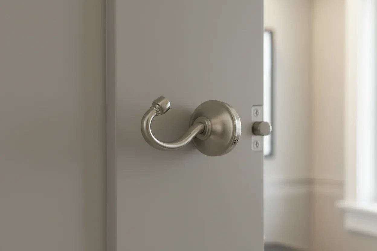 Minimalist brushed nickel robe hook hardware closeup on a modern bathroom door panel