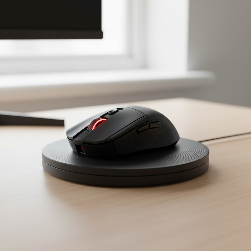 Optical mouse placed on Mouse Jigger LZD-Q1 turntable showing correct sensor alignment