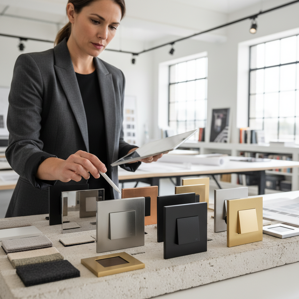 Interior designer examining modern adorne electrical switches and wall plates