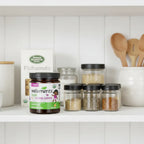 Wellements Organic Multivitamin Gummies organized on clean white pantry shelf with kitchen staples