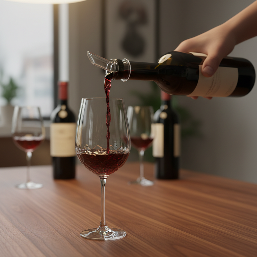Person pouring red wine through clear aerating pourer into crystal wine glass on wooden dining table