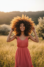 Young woman with beautifully defined bouncy curls tossing hair outdoors sunny day vibrant lifestyle photo
