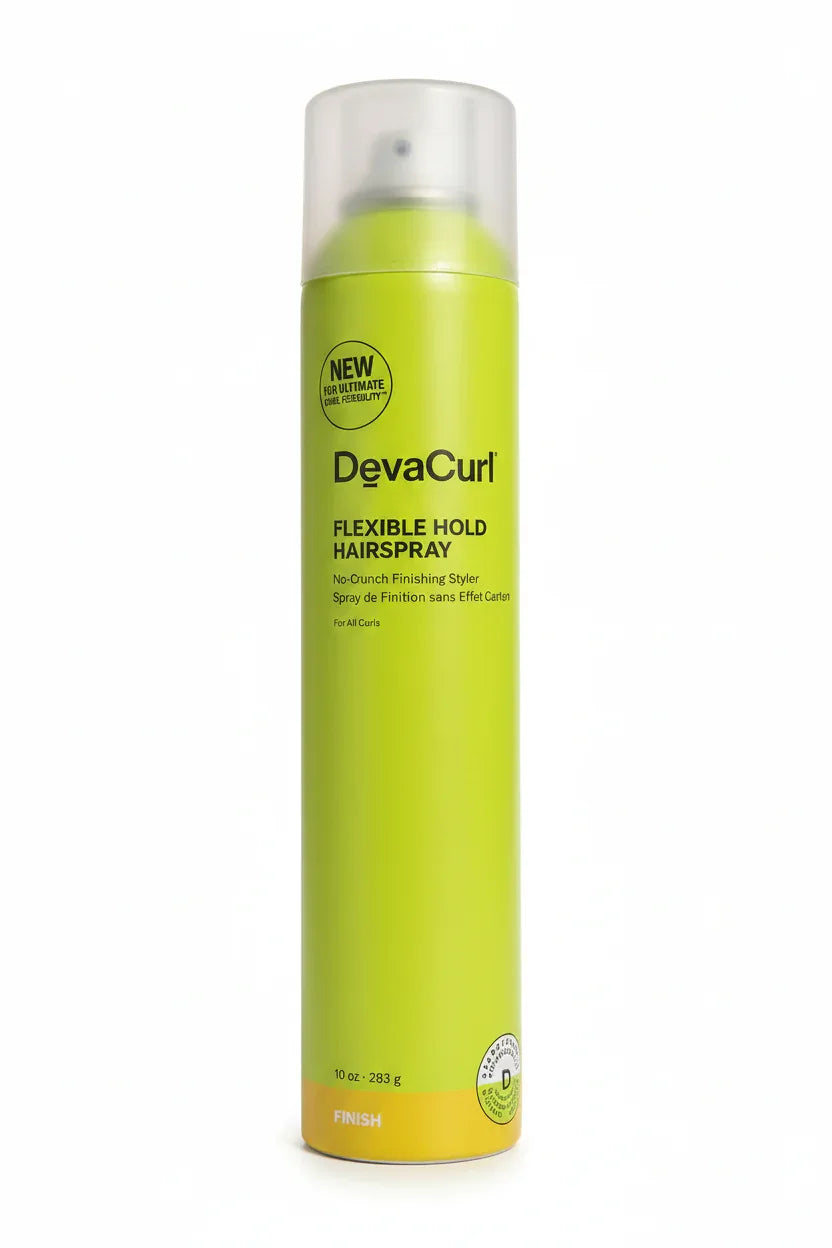 DevaCurl Flexible Hold Hairspray close-up hero shot yellow-green can