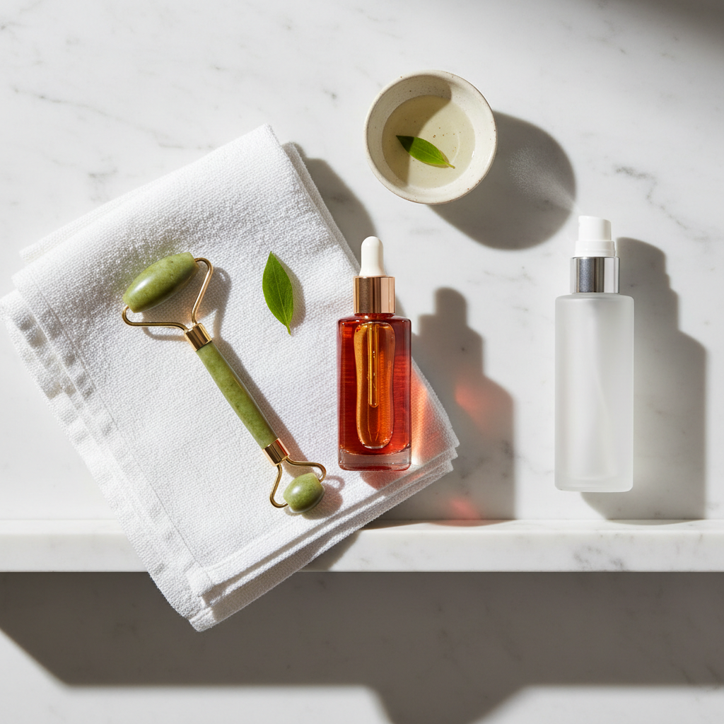 Lifestyle image - red glass serum bottle beside jade roller and linen towel on bathroom shelf, morning skincare routine editorial for visual context only