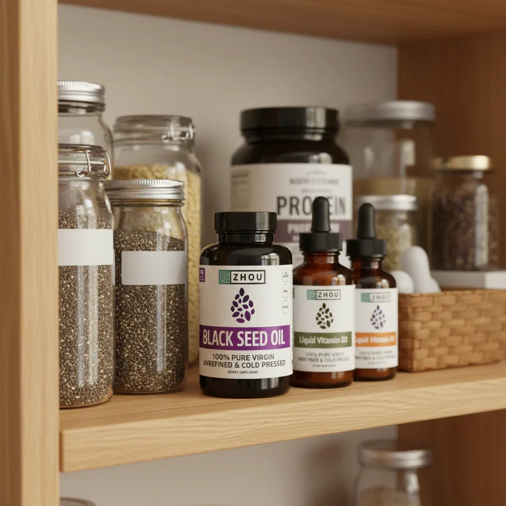 Zhou Black Seed Oil bottle in organized family health pantry on oak shelf with clean-label supplement containers