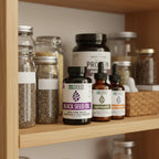 Zhou Black Seed Oil bottle in organized family health pantry on oak shelf with clean-label supplement containers