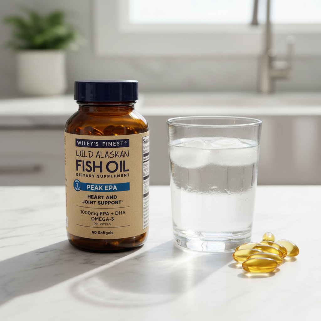 Lifestyle context image of Wiley's Finest Wild Alaskan Fish Oil Peak EPA 60 softgels (AI-generated for visual illustration only) – marble surface with water glass – More4less Outlet