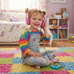 Young girl age 3 to 5 wearing pink over-ear wired headphones sitting on colorful bedroom floor listening to music and smiling