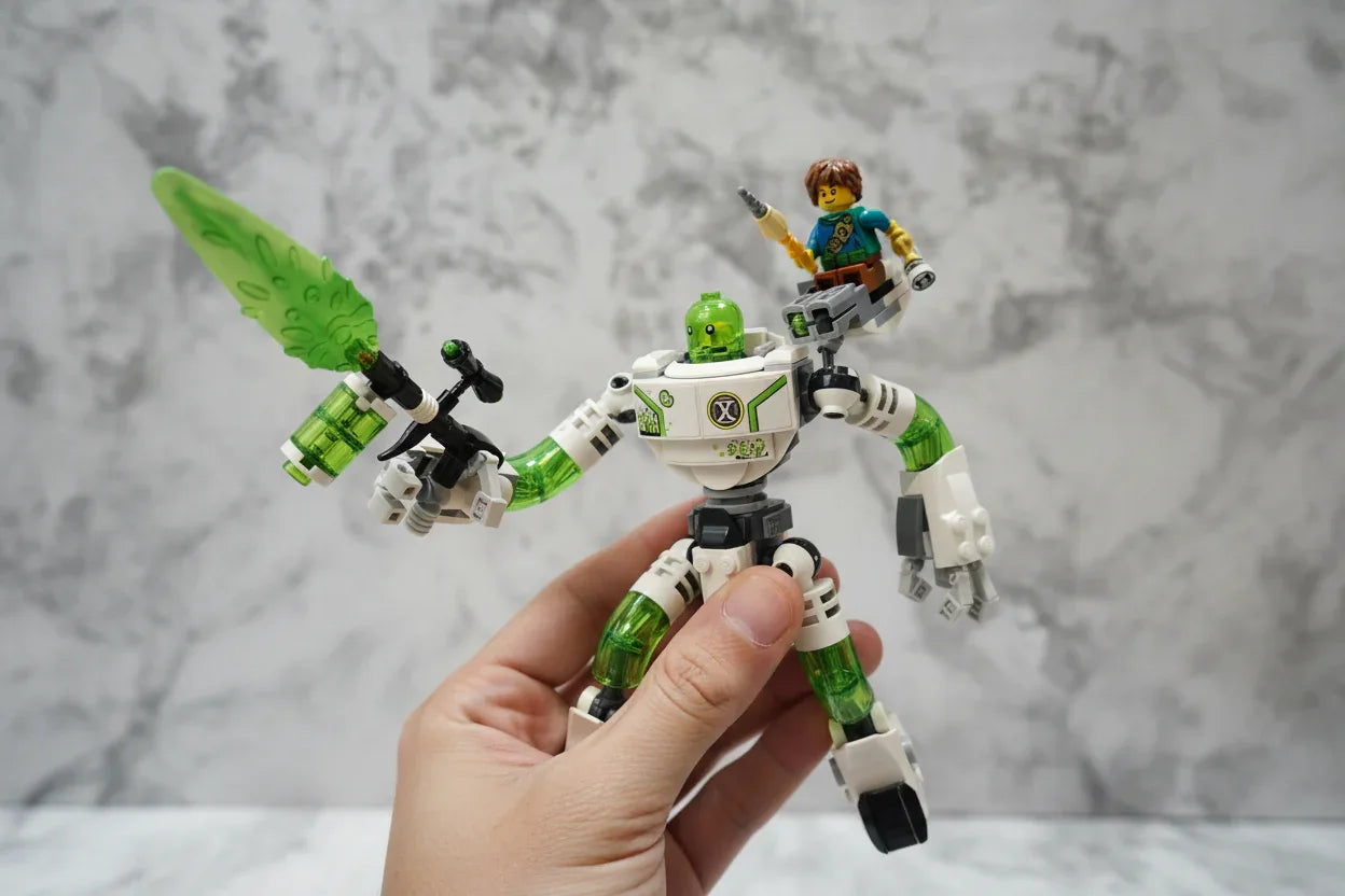 Close-up of Mateo minifigure and Z-Blob robot build detail from LEGO 71454