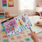 Barbie Extra fashion sticker pad open showing colorful fashion sticker pages with child arranging Barbie Extra character stickers in fashion lookbook