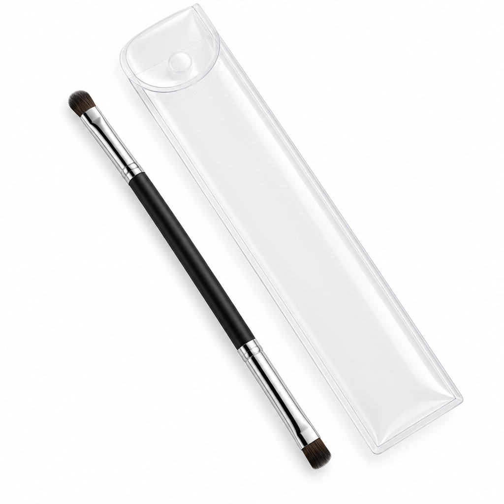 AI-generated studio photo of the Mary Kay Dual-Ended Eye Definer and Eye Crease Brush with its clear travel sleeve
