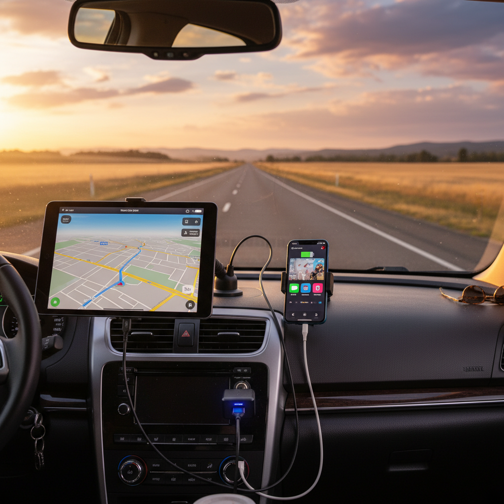 Road trip scene with Case Logic Dual USB Car Charger charging tablet and smartphone on open highway — More4less Outlet