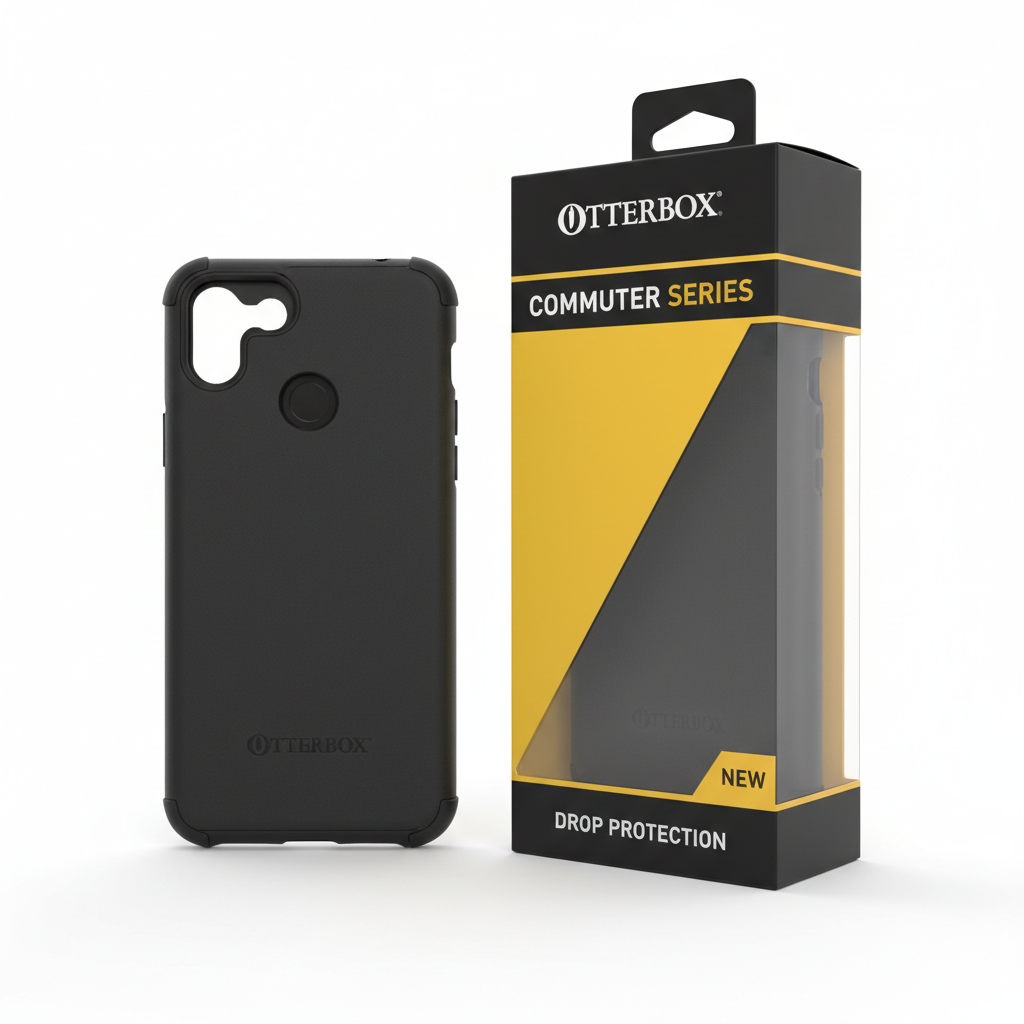 OtterBox Commuter Series black case beside retail packaging box on white background confirming new in box condition
