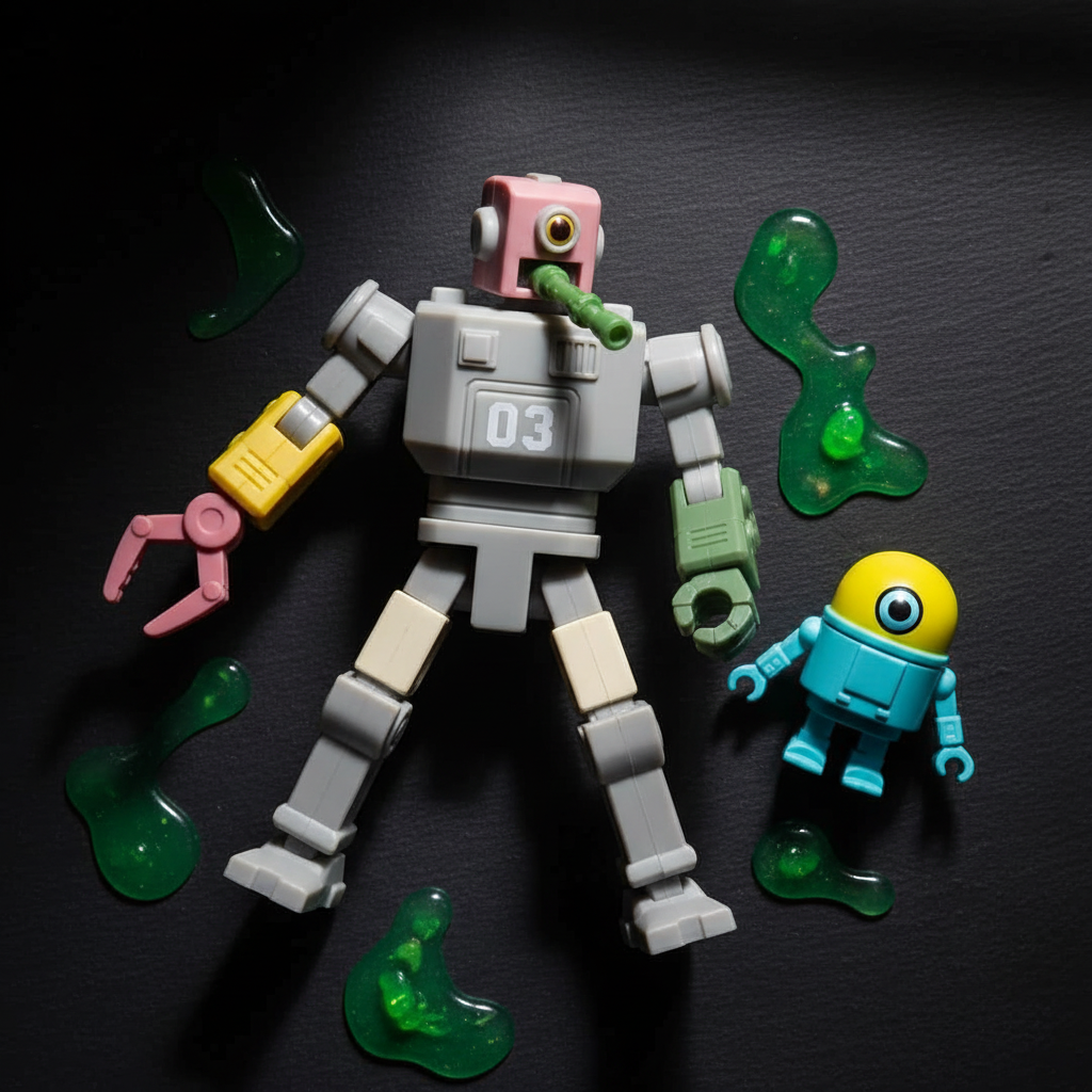 TMNT Mutations Mechazoid 03 and Mini Mech flat lay on dark surface with green slime accents