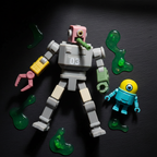 TMNT Mutations Mechazoid 03 and Mini Mech flat lay on dark surface with green slime accents