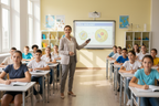 Teacher in bright classroom using a Techellent wireless presenter remote to point at a projected lesson on a whiteboard screen