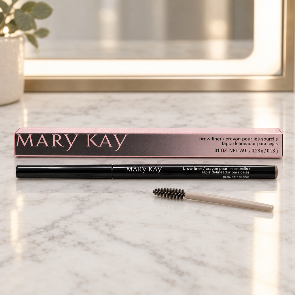 Mary Kay Brow Liner Blonde pencil and retail box on a light vanity with a spoolie