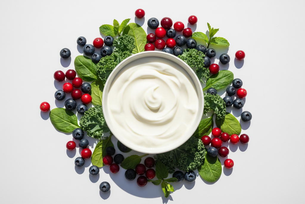 Probiotic-rich foods for women's health including yogurt kefir cranberries and leafy greens