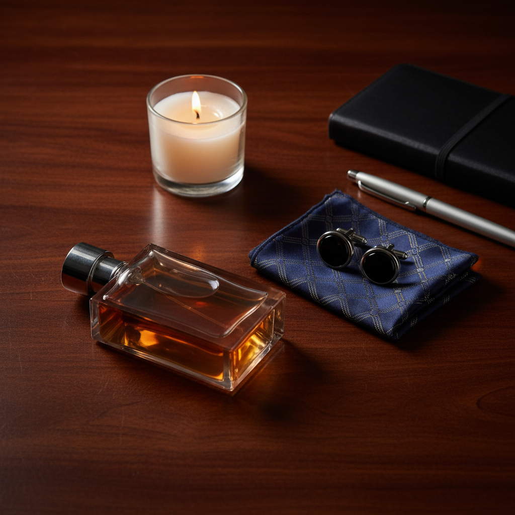 Lifestyle image - dark cologne bottle beside folded pocket square and cufflinks on dark wood, luxury gifting editorial scene for visual context only