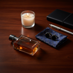 Lifestyle image - dark cologne bottle beside folded pocket square and cufflinks on dark wood, luxury gifting editorial scene for visual context only