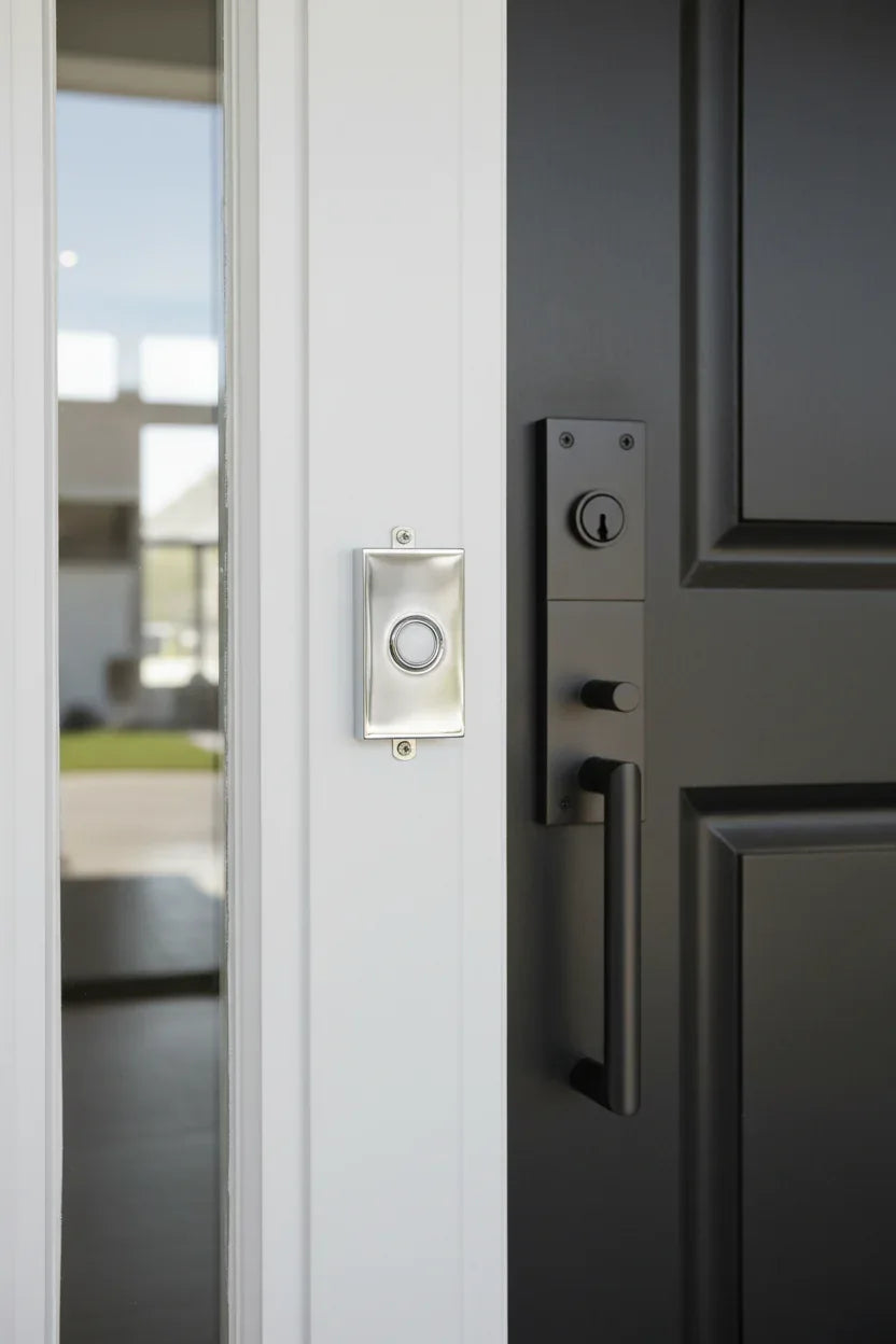 Baldwin Contemporary Doorbell Button Chrome mounted on modern white exterior home-trim frame