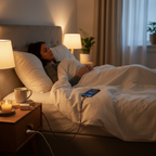 Person in bed charging iPhone with long braided colorful cable reaching from nightstand outlet — More4less Outlet
