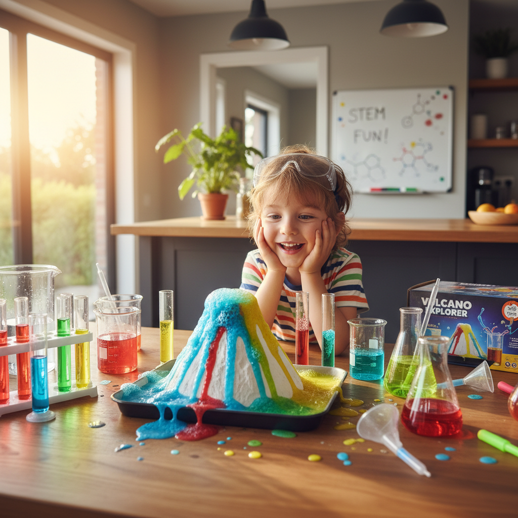 Young child watching colorful erupting volcano science experiment at kitchen table — Scientific Explorer Mind Blowing Science Kit — More4less Outlet